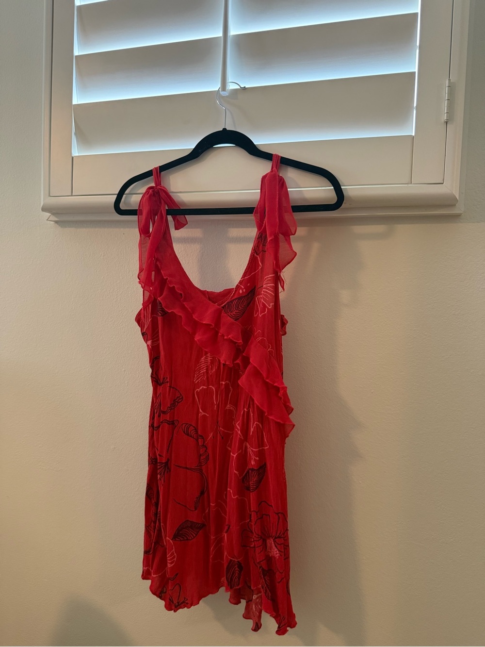 Free People Red Ruffled Floral Tie-Shoulder Mini Dress